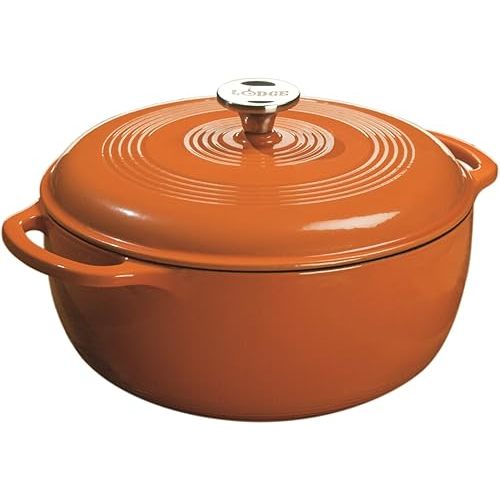 Lodge 6 Quart Enameled Cast Iron Dutch Oven with Lid – Dual Handles – Oven Safe up to 500° F or on Stovetop - Use to Marinate, Cook, Bake, Refrigerate and Serve – Pumpkin