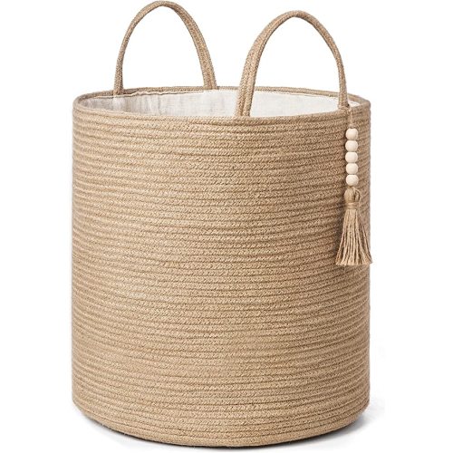 Mkono Tall Wicker Laundry Basket Woven Storage Basket Decorative Natural Rope Basket Wooden Bead Decoration for Blankets,Toys,Clothes,Shoes,Plant Organizer Bin with Handles Living Room 15"Wx17.7"L