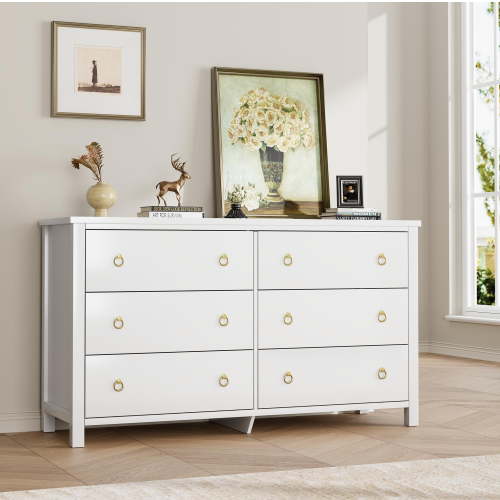EcoSummer 6 Dresser for Bedroom, 47.2" Wide Dresser, Modern Wide Drawer Dresser with Storage, Wooden Closet Dressers Chest of Drawers Freestanding for Bedroom, Nursery, Living Room, White