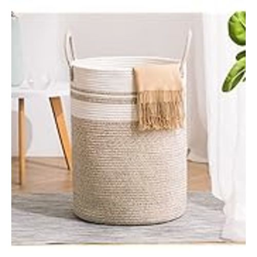 YOUDENOVA Woven Rope Laundry Hamper Basket, 58L Tall Laundry Basket, Baby Nursery Hamper for Blanket Storage, Clothes Hamper for Laundry in Bedroom-Large-Brown - White&Brown - Tall (58L ) (15"x15"x20")