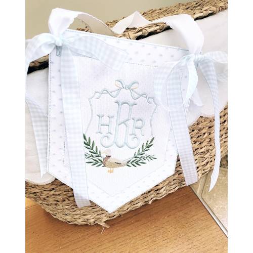 Custom baby banner, Welcome baby pennant, Monogram hospital door sign, Embroidered sign with ribbon and bows, Bassinet banner with stork