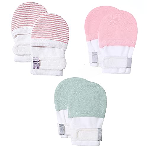 HAPIU Baby No Scratch Mittens Stay On, 100% Cotton Breathable, Adjustable Infant Gloves for Boys Girls, Newborn - 12 M
