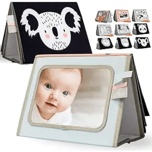 Soft Tummy Time Book w/ Large Stimulating Baby Safe Mirror - Fun High Contrast Montessori Toy w/ Mirror, Crinkle Filling & Silicone Teether - The Perfect Toy For Safe Early Newborn/Infant Development
