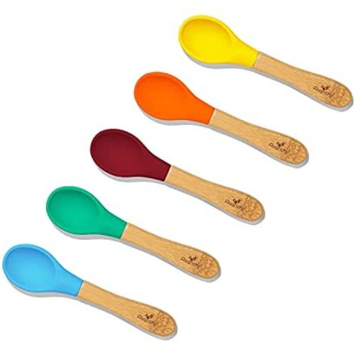 Avanchy Bamboo Baby Spoons Set - Bamboo and Silicone Baby Spoons - Rainbow Mega Gift Set - 5 Pack (Blue, Green, Orange, Yellow, Magenta)