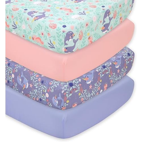 The Peanutshell 4-Pack Fitted Crib Sheet Set - Super Soft & Breathable Baby Girl Crib Sheets, Nursery Decor, Fit for Standard Mattress Cover- Ocean Girl