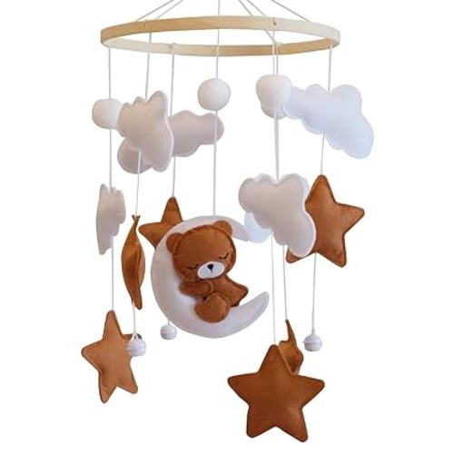 Baby Crib Mobile - Bear Mobile for Crib, Felt Cloud Nursery for Boys and Girls, Baby Bassinet Mobile Toy - Shower Set for Infant Bedroom Hanging Decoration - Sleeping Bear