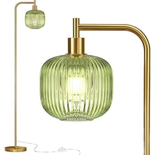 QiMH Glass Floor Lamp for Living Room, Modern Standing Lamp with Ribbed Glass Lampshade Pedal Switch, 67” Tall Lamp for Bedroom Study Room, Brushed Gold (2700K LED Bulb Included)