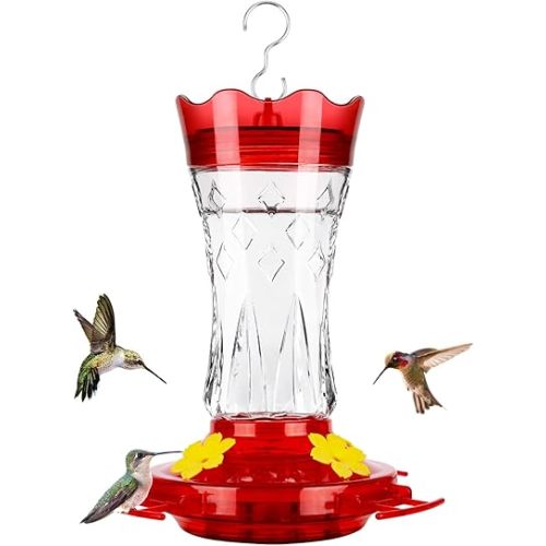 BOLITE Comederos de vidrio para colibríes para colgar al aire libre, foso de hormigas integrado, 4 puertos de alimentación de protección de abeja con perchas, a prueba de fugas, 15 onzas, decoración