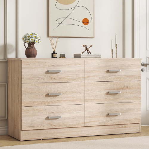 Winkalon 6 Drawer Oak Double Dresser, Wood Storage Cabinet for Bedroom or Living Room