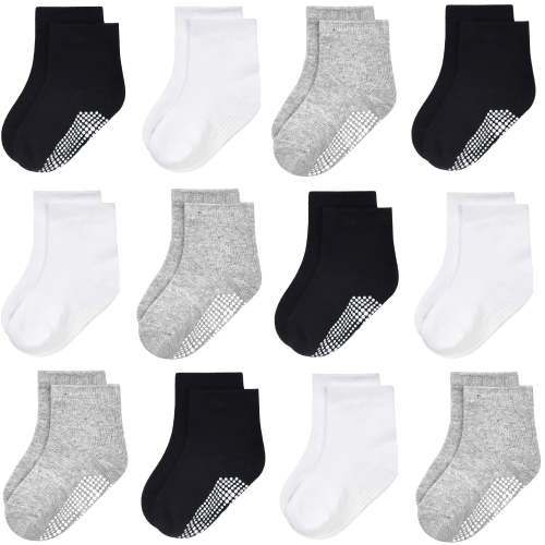 Toddler Boys Girls Non Slip Socks 12 Pairs Anti Skid Sticky Baby Socks Cotton Socks for 0-7 Years Little Kids Infants