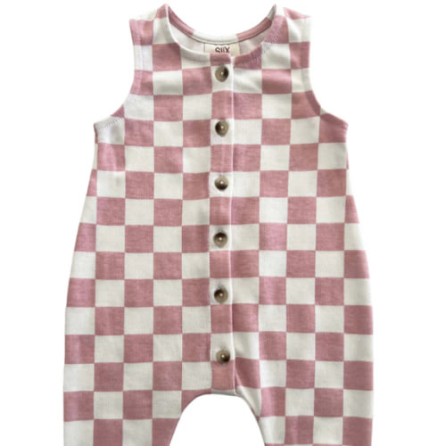 Strawberry Shortcake Checkerboard / Organic Bay Jumpsuit