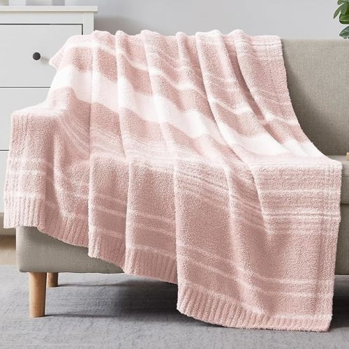 WRENGONGE Pink Twin Blanket, 60x80 Soft Cozy Microfiber Striped Twin Blankets for Couch, Sofa, Bed, Travel, Lightweight Fluffy Warm Plush Decorative Blankets for Women, Men Gift