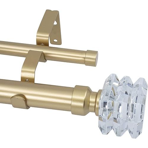 Meriville 1-Inch Diameter Lione Telescoping Double Window Treatment Curtain Rod, Crystal Finial (28"-48", Royal Gold)