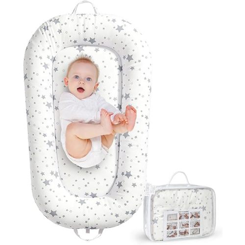 Baby Lounger for Newborn 0–24 Months, Portable Infant Seat with Ergonomic Support, Breathable Cotton Baby Chair for Tummy Time, Diaper Changes, and Travel Use (Stellar)