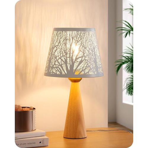 EDISHINE 13.58" Small Table Lamp, Wooden Bedside Lamp, Tree Hollowed Iron Lampshade, Nightstand Lamp for Nursery, Bedroom, Living Room, ON-Off Switch, E26 Socket, Original Wooden Color