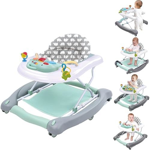 5 in 1 Foldable Baby Walker, Activity Baby Walker-Baby Bouncer, Rocker, Activity Center,Seat and Push Walker,Detachable Trampoline Mat, Adjustable Speed Rear Wheels and Height,Ages 6-18 Months(Mint)