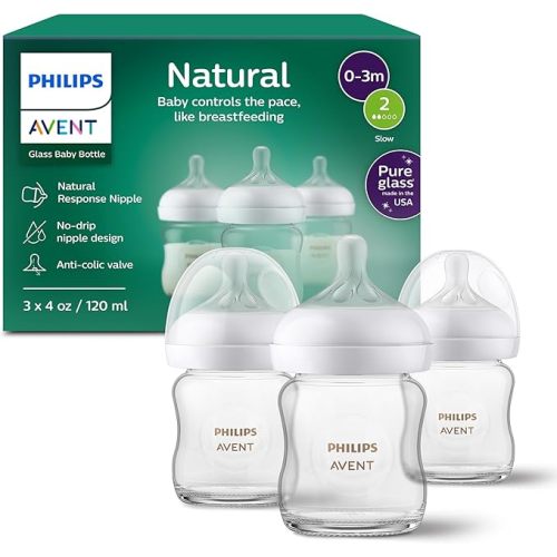 Philips Avent Natural Glass Baby Bottles with Natural Response Nipples (Slow Flow, Flow 2), 4oz, 3-pack, SCY910/03