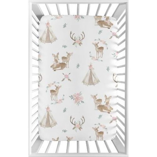 Sweet Jojo Designs Girl Baby Fitted Mini Crib Sheet Deer Floral Pink Green White