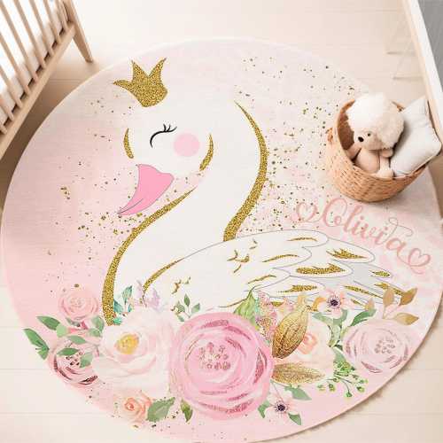 Queen Swan Round Rug, Spring Floral Swan Carpet, Baby Girl Nursery Home Decor, Wild Animals Kids Room Circle Playmat, Gift for Newborn