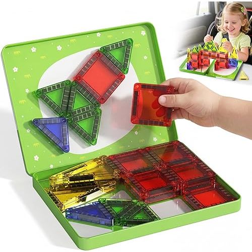 Travel Magnetic Tiles for Kids Car Games: 26 PCS Mini Magnet Building Blocks in Tin Box to Stop Crying - 300g Pocket Size Educational Toy - Road Trip Essentials - Boys Girls Age 3-8