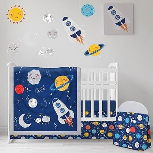 Rtteri 4 Pieces Baby Crib Bedding Set, Nursery Bedding Standard Size Soft Baby Bedding Set Including Crib Skirt, Blanket, Sheet and Diaper Stacker for Girls and Boys(Space)