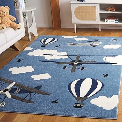 SAFAVIEH Carousel Kids 100 Collection Square Rug - 5'3" Square, Blue & Ivory, Transitional Design, Stain Resistant, Ideal for High Traffic Areas in Bedroom, Dining Room & Kitchen (CRK137M-5SQ)