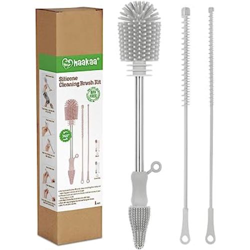 haakaa Silicone Cleaning Brush Kit - SUVA Grey - Bottle Brush for Breast Pumps, Breast Milk Collector, Baby Bottles, Nipples, Breastmilk Storage Bags