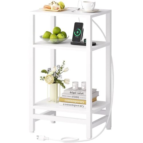 Side Table with Fast Charging Station, 3 Tier Tall End Table for Small Space, Narrow Side Table with Type C and USB Port, End Tables for Living Room Bedroom, Office, Nursery, White