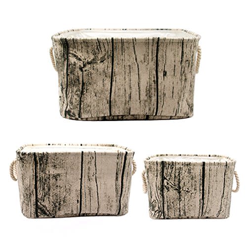 Jacone Stylish Tree Stump Design Rectangular Storage Baskets Durable Fabric Washable Storage Bins Organizers with Rope Handles, Decorative and Convenient for Kids Rooms - Set of 3 brown