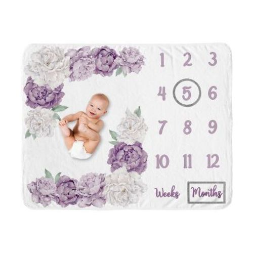 Sweet Jojo Designs Girl Baby Milestone Blanket Peony Floral Garden Purple And Ivory
