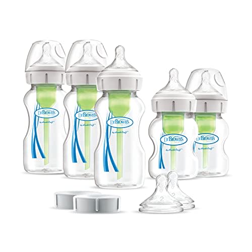 Dr. Brown's Natural Flow Anti-Colic Options+ Wide-Neck Baby Bottle Newborn Feeding Set with Baby Bottle Travel Caps
