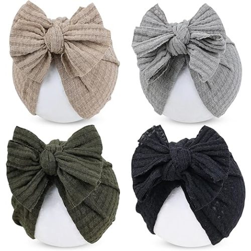 Cinaci 4 Pieces Baby Girls Turban Hats with Bow Newborn Hospital Caps Bonnets Beanies Headwraps for Infants Toddlers