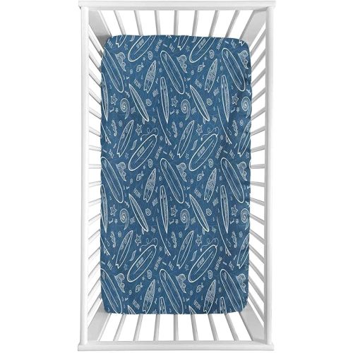 Surfboard Fitted Crib Sheet,Blue Waters Oceanic Elements Waves Swirls Doodle White Outlines Hobby Fun Times Microfiber Silky Soft Toddler Mattress Sheet Fitted,28"x 52"x 8'',Baby Sheet for Boys Girls
