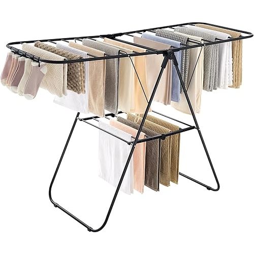 SONGMICS Clothes Drying Rack, with Sock Clips, Metal Laundry Rack, Foldable, Space-Saving, Free-Standing Airer, with 2 Height-Adjustable Gullwings, Indoor Outdoor Use, Black ULLR052B01