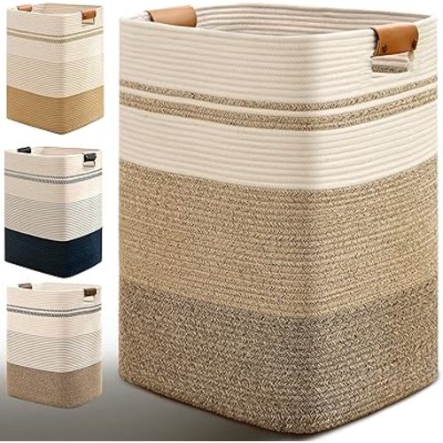 Laundry Hamper, 95L Tall Laundry Basket with Leather Handles, Rectangle Large Clothes Hamper for Organizing, Cotton Woven Laundry Baskets Storage Hampers for Bedroom, Nursery, Living Room
