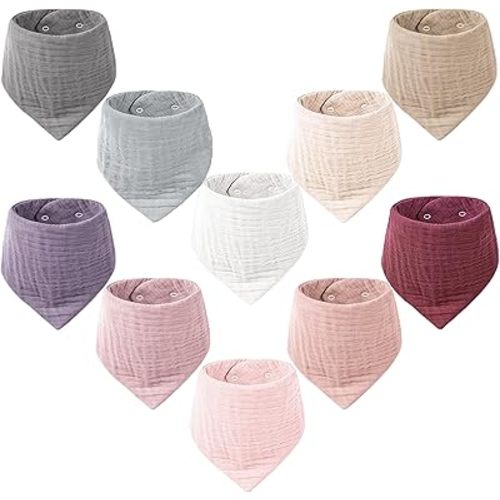 Konssy Muslin Baby Bibs 10 Pack Baby Bandana Drool Bibs 100% Cotton for Unisex Boys Girls,10 Solid Colors Set for Teething Drooling