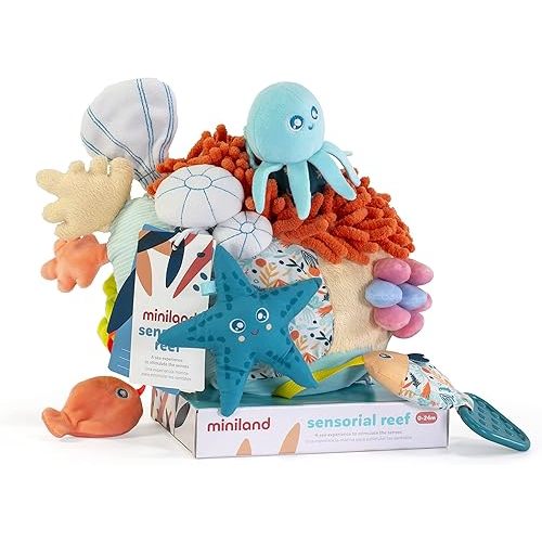 Miniland Sensorial Reef. Plush Rattle Toy for Infant and Toddlers with Many Different Sensory Stimulations. Fully Washable for Baby Teething. 2023 Toty Finalist