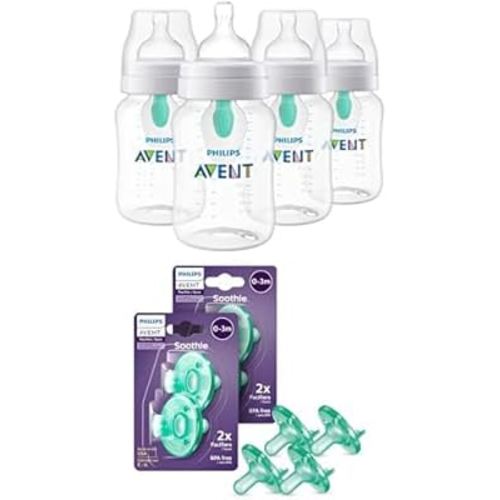 Bundle of Philips Avent Anti-Colic Baby Bottle with AirFree Vent, 9oz, 4pk, Clear, SCY703/04 + Philips Avent Soothie 0-3 Months Orthodontic Baby Pacifiers, BPA-Free, Green, 4 Pack, Model SCF190/41