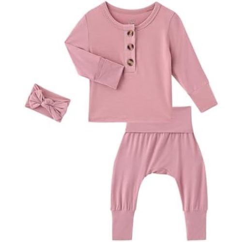 Newborn Baby Boys Girls Clothes Coming Home Outfit Bamboo Viscose Button Tops and Pants with Hat/Headbands Clothing Set