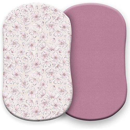 Pobibaby – 2 Pack Bassinet Sheets Girl, Bassinet Sheets Cotton for Girls and Floral Nursery for Standard Rectangle Bassinets – Ultra-Soft Jersey Knit, Safe and Snug for Baby (Blossom)