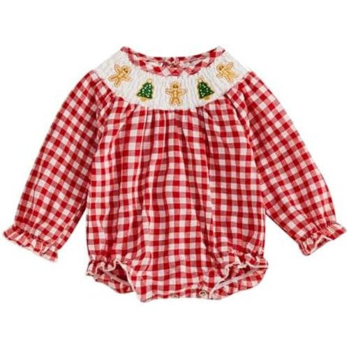Toddler Baby Girl Christmas Romper Plaid Santa Gingerbread Print Long Puff Sleeve Smocked Romper Cotton Linen Tops
