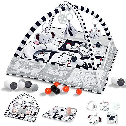 Baby Play Mat 8-in-1, Tummy Time Mat Black and White with Sensory Toys for Babies and Tummy Time Pillow Baby Play Gym Activity Mat for Newborn Infant Baby Play Mat for Floor Easy to Install