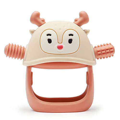 Smily Mia Teething Toys/Teethers for Babies 6-12 Months, Reindeer Baby Chew Toy 3-6 Months for Teething Relief, Get-A-Grip Baby Hand Teether, Silicone Teething Mittens for 0-6Months, Nude