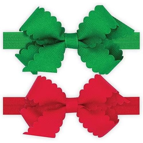 Wee Ones Girls Two Mini Scallop Bows With Bands, Mini, GRN/RED