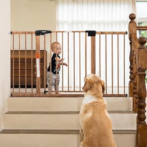 Mom's Choice Award Winner-BABELIO 29-55'' Extra Wide Baby Gate with Wood Pattern, Metal Pressure Mounted Dog Gate, for Stairs & Doorways, No Tools Required