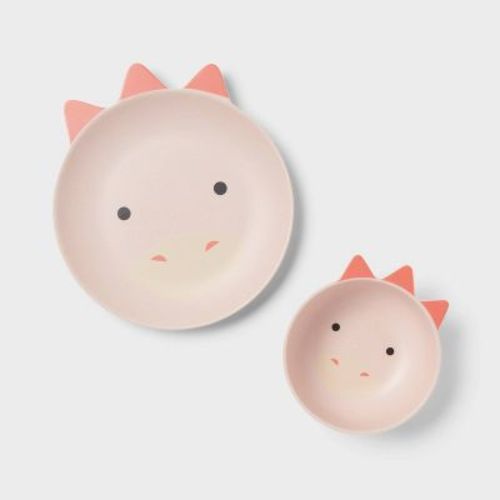 Kids' 2pc Bamboo and Melamine Dino Dinnerware Set Pink - Pillowfort™