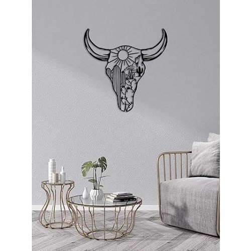 RESACO Cow Skull Metal Wall Art Cactus Wall Decor Western Longhorn Home Decorations Southwestern Decor Desert Wall Sculptures for Bathroom Living Room Indoor Outdoor (Black 13in x13in)