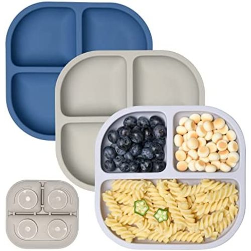 Babelio Powerful Suction Plates for Baby and Toddler, 100% Food Grade Silicone Divided Baby Plates, BPA Free, Microwave & Dishwasher Safe, Stay Put with 4 Suction Cups, 3 Pack