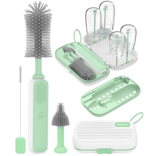 Electric Baby Bottle Brush Cleaner, Baby Travel Bottle Cleaner Kit- 2000mAh Rechargeable Silicone Brush, Drying Rack, Compact Storage Box, 360° Efficient Cleaning Bottle Brush for Home & On-The-Go