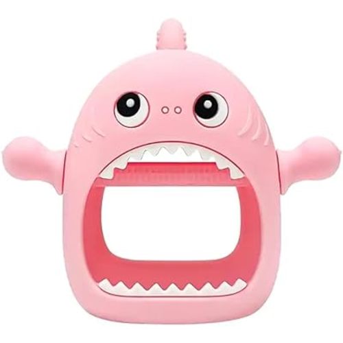 Cute Shark Teething Mitten Toy for Babies, Never Drop Silicone Baby Teether, Hand Pacifier for Babies to Suck and Chew, Toy for Teething Babies (Pink)